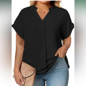 Women’s Black 100% Cotton V Neck Short Sleeve Blouse Medium